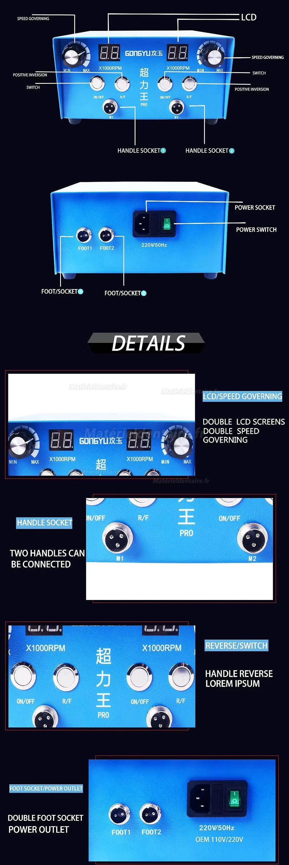 Micromoteur laboratoire dentaire sans balais AI-TE® AT-CM-38 avec pièces à main AT-A4 et AT-A7